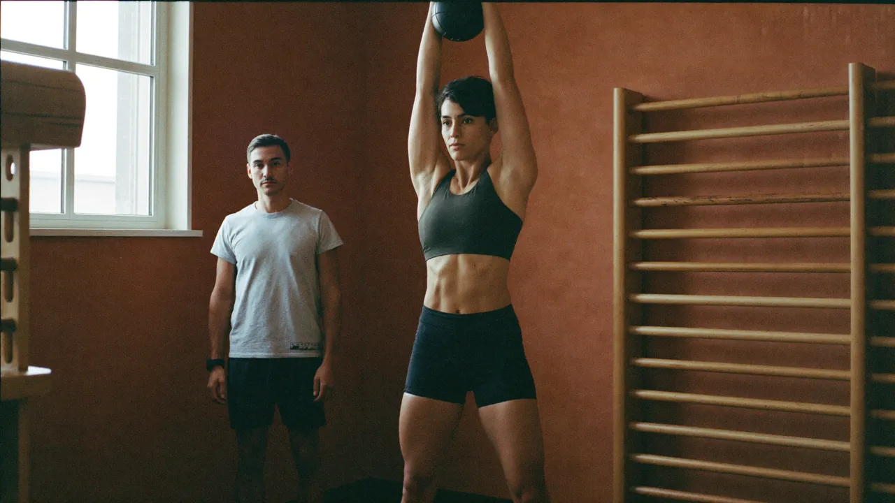 Persona entrenando en una clase dirigida mientras la entrenadora supervisa